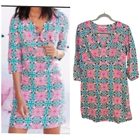 Boden Linen Tunic Dress Woodblock Print Colorful Print Vneck - Picture 1 of 8